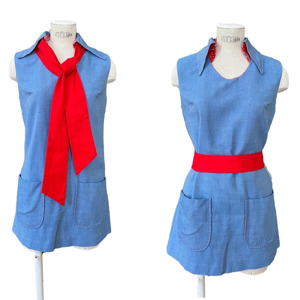 RARE Vintage 60’s Mod Denim Shift Dress & Ascot Set by Byer California Size S